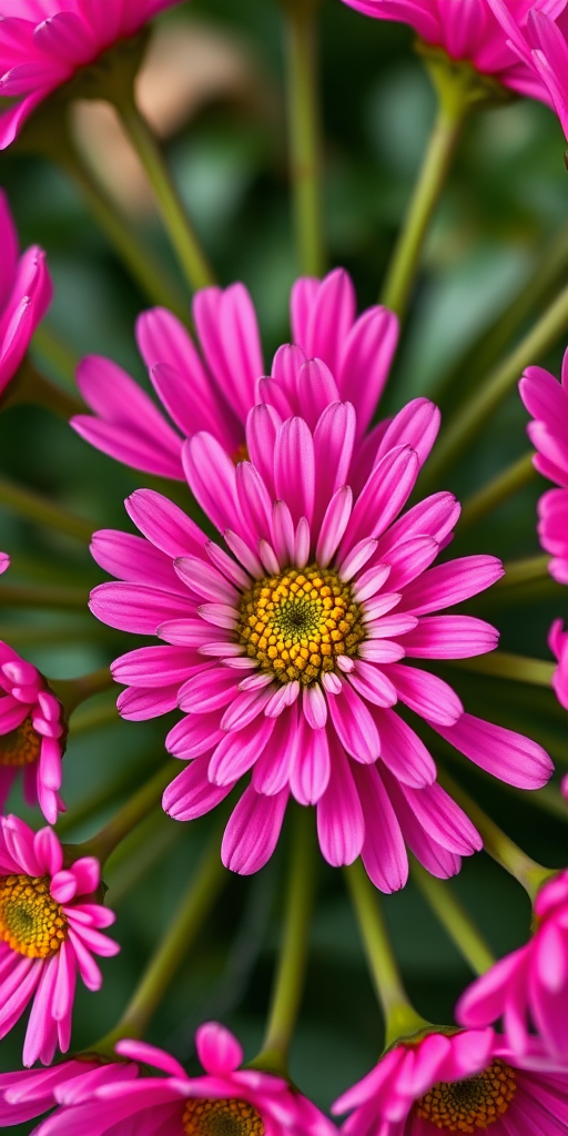 High-resolution close-up of vibrant pink daisies in a spiral pattern, aperture f/2.8 for shallow depth of field, shutter speed 1/1000 sec, ISO 200, captured with a DSLR camera using a macro lens, natural lighting, vivid colors and sharp details.