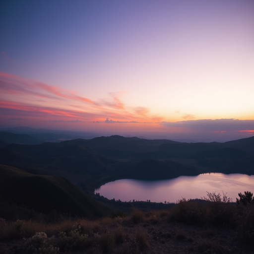 Create a high-resolution image of a serene landscape featuring rolling hills and a calm lake during sunset, with warm golden and purple hues in the sky, captured with a DSLR camera, 50mm lens, f/1.8 aperture, ISO 100, and a shutter speed of 1/200 seconds, from a low angle view to emphasize the foreground.