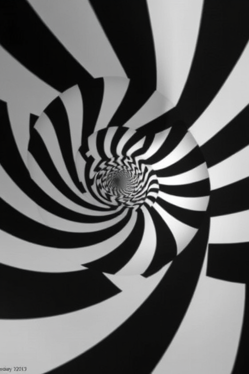 create a black and white spiral pattern with sharp alternating stripes converging towards the center, use a wide-angle lens at f/8 aperture, ISO 100, shutter speed 1/200s, high dynamic range style, captured with a DSLR camera.