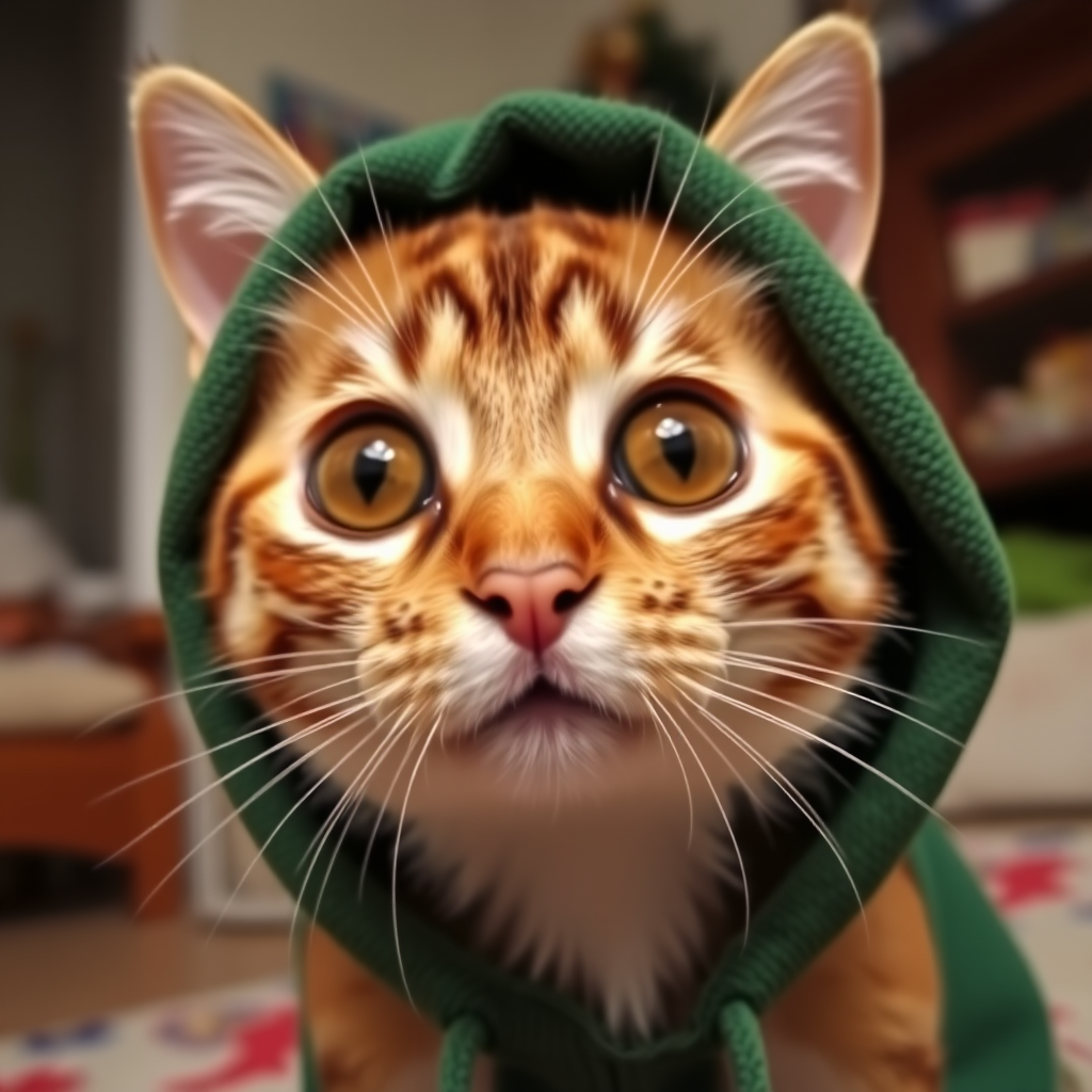 A close-up of a curious cat wearing a green hood with a star ornament in the background and a cozy indoor setting. The cat's big eyes are prominently displayed, capturing its playful and inquisitive expression.