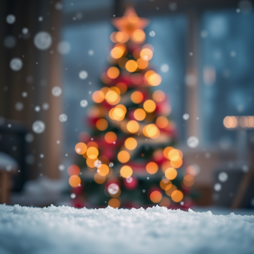Create a serene winter scene with softly falling snowflakes, a blurred background featuring a decorated Christmas tree, and gentle bokeh lights. The foreground should have a snowy texture, creating a cozy holiday atmosphere.