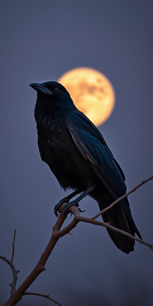 Regenerate the image of a black raven perched on a branch with a full moon in the background, using a DSLR camera with a 50mm lens, aperture set to f/2.8, ISO 100, captured at twilight for dramatic lighting and sharp focus.