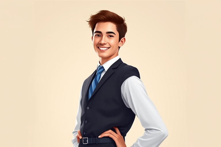 Create a high-resolution digital illustration of a smiling young man in formal attire, standing confidently with hands on hips, set against a soft light background, using a Canon EOS 5D Mark IV with an aperture of f/2.8, a shutter speed of 1/125 sec, and a focal length of 50mm, in portrait orientation.
