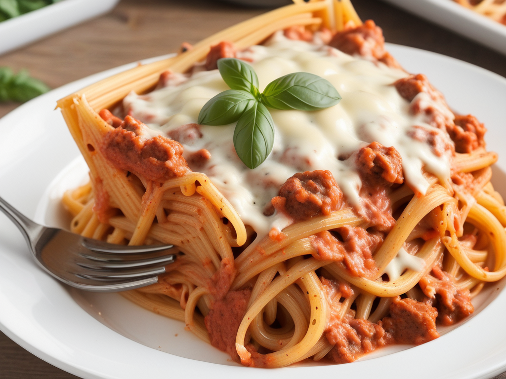baked spaghetti with alfredo and red sauce