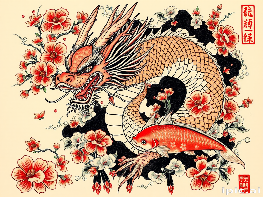 Japanese-inspired irezumi tattoo featuring a fierce dragon entwined with cherry blossoms and koi fish, rendered in bold traditional colors and flowing lines to create a dynamic full-body masterpiece