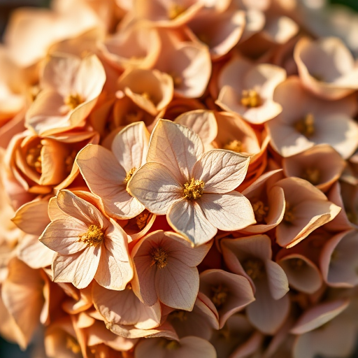 Create a close-up photograph of dried hydrangea flowers with a shallow depth of field, using a DSLR camera with an aperture of f/2.8, ISO 100, and a 50mm lens, natural light for soft highlights and shadows.
