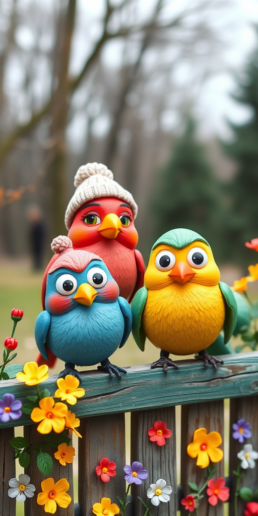 create a scene of 4 quirky  whimsical colourful comical birds each with a funny expression. they are sat on a wooden fence with colourful flowers. they are all different sizes. each one is a different colour  one is wearing a woolly hat. Each one has a different quirky google expression and there is a muted background of trees watercolour paintierly style high definition 8k resolution 3D paper mache