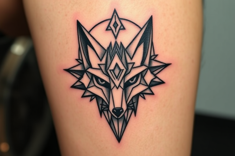 Geometric animal tattoo dubbed "Sacred Fox" combining sharp angular lines and shapes to form a stylized representation of a fox infused with spiritual and mystical symbolism