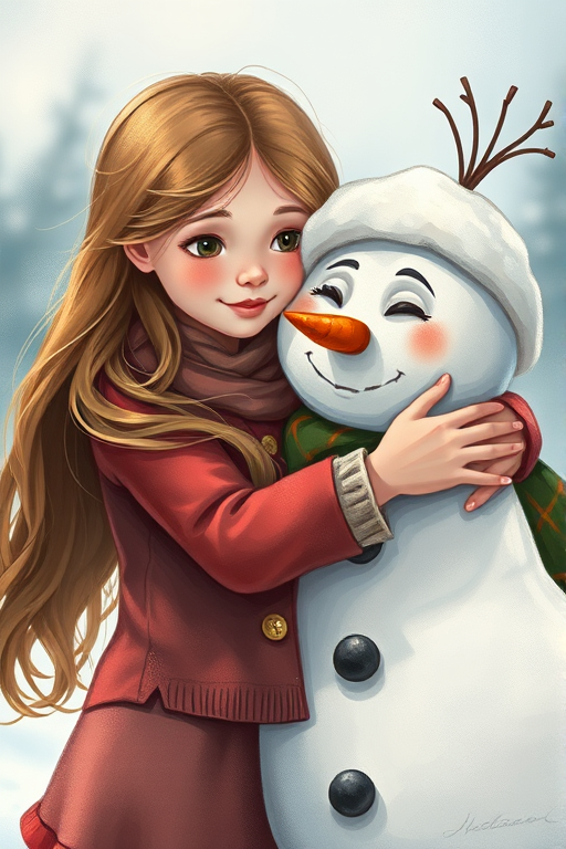 Create a detailed illustration of a young girl with long, flowing hair embracing a friendly snowman, capturing a warm and whimsical moment, using a 50mm lens at f/2.8 for a shallow depth of field to focus on their expressions, shot in soft natural light with a slight overexposure for a dreamy feel, in a digital painting style.