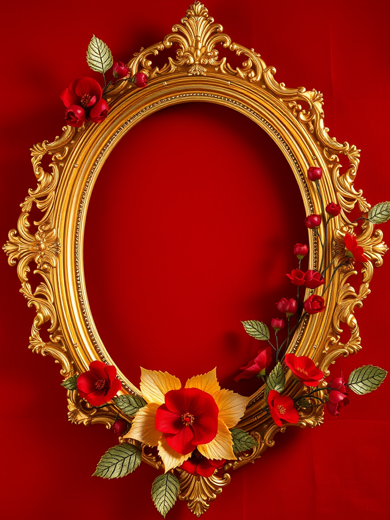 Create a high-resolution image of a golden decorative frame adorned with red and gold flowers and berries on a rich red background, shot with a Canon EOS R5, 50mm lens, aperture f/1.8, ISO 100, and soft natural lighting to enhance depth and detail.