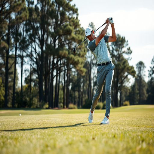 Generate a high-resolution image of a golfer in an athletic pose, swinging a golf club, captured in natural light with a DSLR camera, using a 50mm lens at f/2.8, ISO 100, 1/1000s shutter speed, taken from a ground-level perspective to accentuate the action.