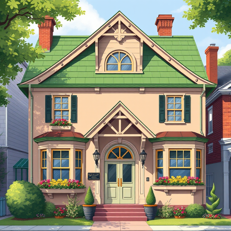 Create a high-resolution digital illustration of a quaint two-story house with a green sloped roof, large arched doorway, and ornate windows adorned with flower boxes, using a Canon EOS R5 camera, 50mm lens, f/2.8 aperture, 1/125 sec shutter speed, ISO 100, with a frontal view and vibrant colors for enhanced clarity and detail.