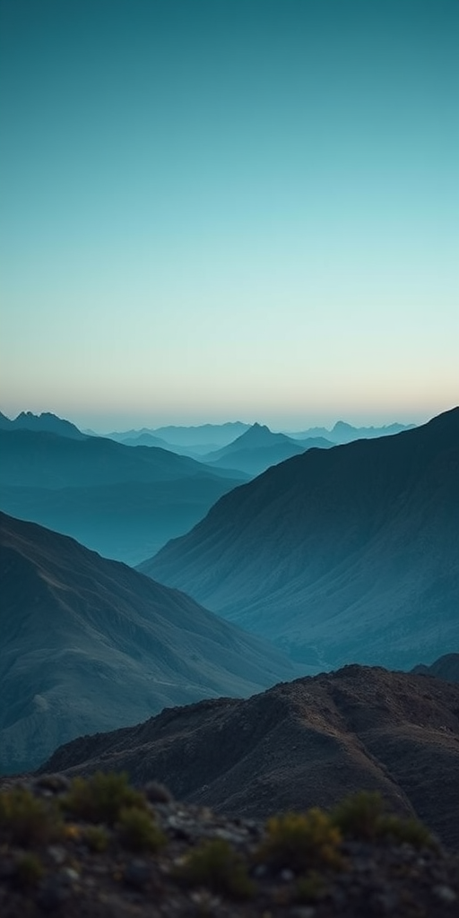 Generate a serene landscape featuring mountains with a gradient sky transitioning from dark to light turquoise, using a DSLR camera set to ISO 100, aperture f/8, shutter speed 1/200s, wide-angle lens, shot from a low angle to emphasize the foreground.