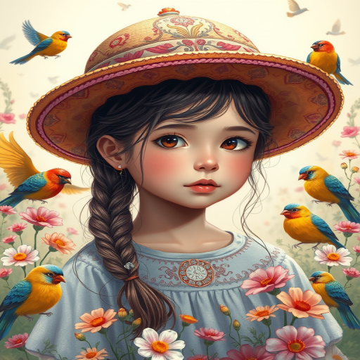 Create a beautifully detailed illustration of a young girl with braided hair wearing an ornate hat surrounded by colorful birds and flowers, captured in a soft-focus, natural light, with a DSLR camera at f/1.8, ISO 200, 50mm lens, using a vibrant color palette to enhance the overall warmth and intimacy of the scene.