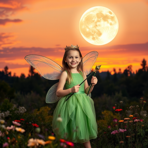 A vivid photo  taken under a bright camera flash of a fantastical scene set against a backdrop of a forest during sunset. The main subject is a girl dressed as a fairy, adorned with translucent wings and a green dress, holding a wand, her face is happy, and she wears a crown on her head. The forest behind her is a blend of flowers, shrubs and trees. The sky is painted in hues of orange and pink, with a large, glowing moon casting a warm glow over the scene. The overall color palette is dominated by earthy tones.