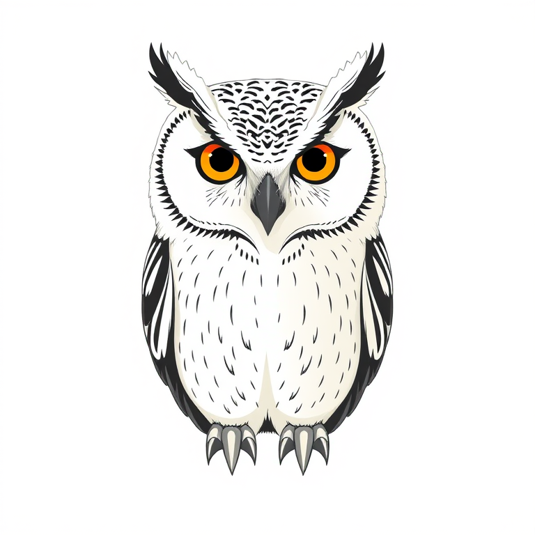 Create a detailed illustration of an owl with a minimalist design and bold features using a DSLR camera, 50mm lens, f/5.6 aperture, ISO 100, soft lighting, and a frontal view to enhance image quality.