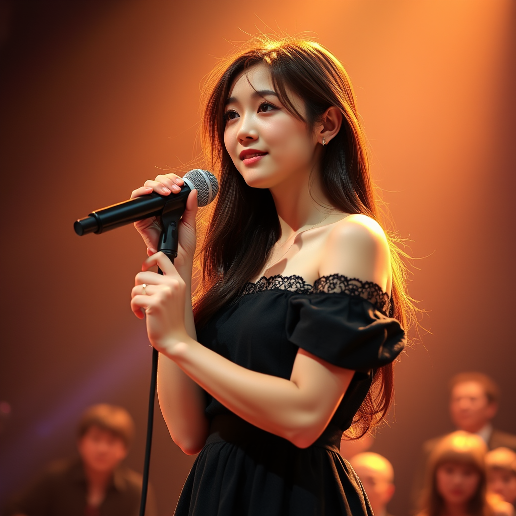 A young korean woman with long, flowing brown hair is standing in the center of the frame, holding a microphone in her right hand, and looking slightly off to the right side of the frame. She is wearing a black, off-the-shoulder dress with delicate lace detailing. The lighting is warm and dramatic, creating a spotlight effect on the singer. There are other figures in the background, blurred and out of focus, suggesting a concert or performance setting. The camera angle is low, capturing the woman from the waist up. The overall atmosphere is intimate and captivating.