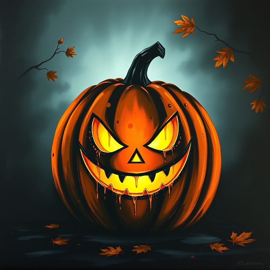 Create a dark and moody painting of a carved pumpkin with a sinister smile glowing from within set against a shadowy background with hints of autumn leaves and branches. The pumpkin should have a glossy texture with drips of paint to suggest rain or moisture, and the overall color palette should include deep oranges, blacks, and muted grays to evoke a Halloween atmosphere.