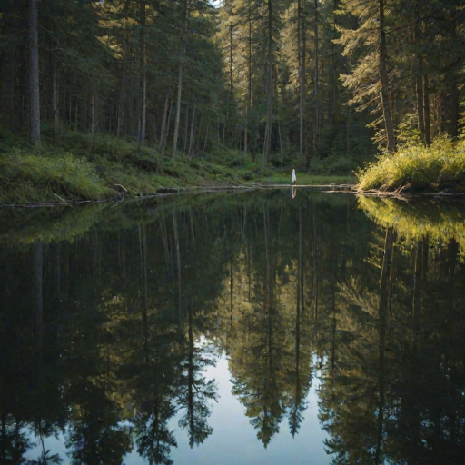 Serene forest pond, the water still and calm, with a woman standing on the edge, her reflection clear in the glassy surface below.
