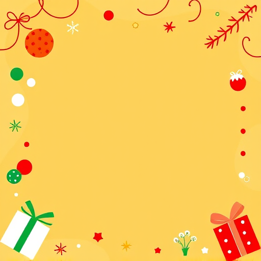 Create a festive background with a warm gold color featuring playful abstract shapes and patterns in red, green, and white. Include decorative elements like wrapped gifts and whimsical designs around the edges to enhance the holiday theme while keeping the center clear for text or images.