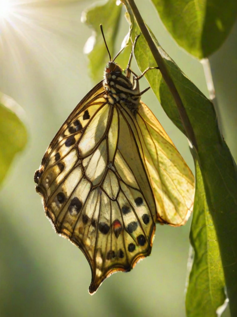 Sharp, detailed close-up of a butterfly emerging from its chrysalis, vibrant wings unfurling, with the delicate texture of its body and soft sunlight filtering through nearby leaves.