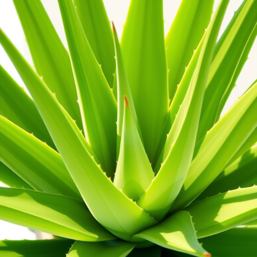 Create a detailed illustration of an aloe vera plant with lush green leaves, taken with a DSLR camera at f/2.8 aperture, ISO 100, 35mm lens, in a bright, natural light setting, focusing on the texture and colors of the leaves for enhanced image quality.