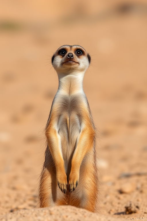 Capture a close-up of a meerkat standing upright in a natural desert environment, using a Canon EOS 90D with a 50mm f/1.8 lens, ISO 200, aperture f/2.8, shutter speed 1/500s, natural lighting for enhanced clarity and detail.
