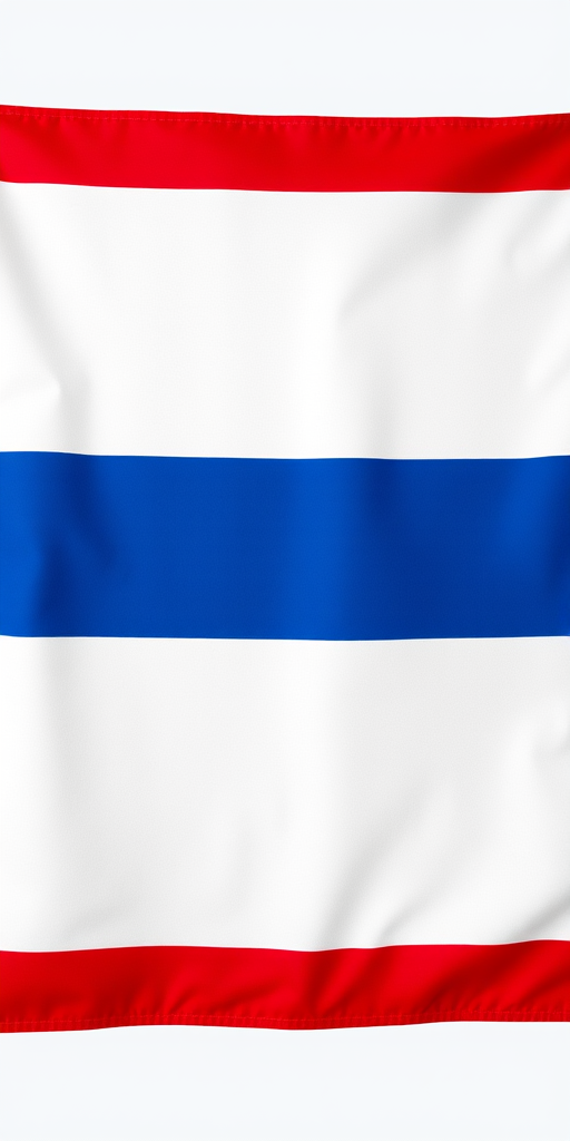 Create an image of a rectangular flag with horizontal stripes, featuring red on the top and bottom, white in the middle, and a wide blue band in the center, captured with a DSLR camera at f/8 aperture, 1/125s shutter speed, ISO 100, using a landscape orientation and a daylight setting for vibrant colors.