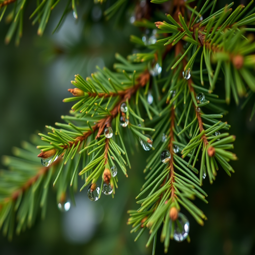 A close-up view of pine tree branches with fresh green needles and water droplets, captured with a DSLR camera, aperture f/2.8, shutter speed 1/250s, ISO 100, soft focus background for depth, enhanced color vibrancy and detail.