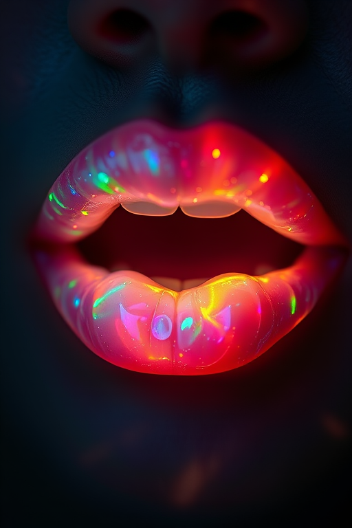 Fascinating image of holographic opal lips shifting colors in the light, capturing an otherworldly and mesmerizing effect in high definition