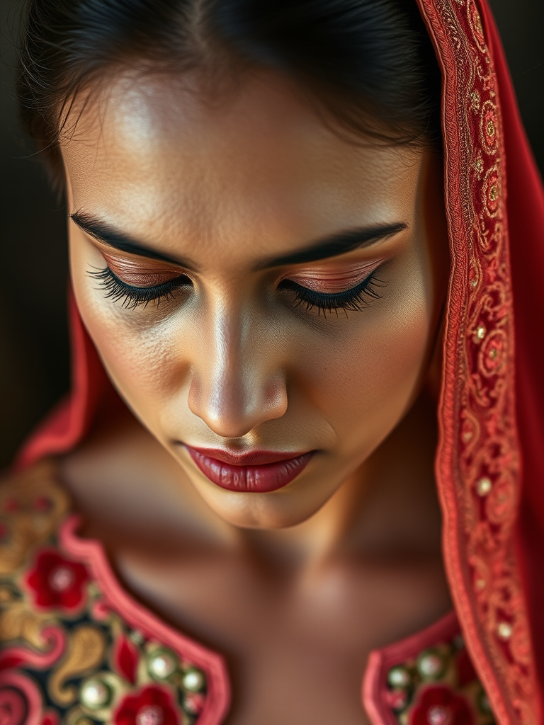 Face, shoulders, chest covered in openwork Pakistani embroidery. Raw, unedited image.