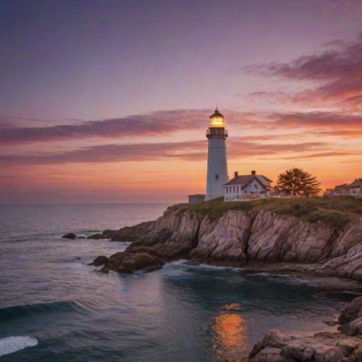 Generate an image of a tall lighthouse perched on a rocky outcrop surrounded by calm ocean waters during a breathtaking sunset. The lighthouse stands sturdy and weathered, its stone surface illuminated by the warm golden light of the setting sun. The sun's rays pass directly through the glass lantern room at the top of the lighthouse, casting a brilliant light across the scene. The sky is painted with vibrant shades of orange, pink, and purple, reflecting off the tranquil sea. The surrounding water shimmers with the same warm hues, creating a serene and majestic atmosphere.
