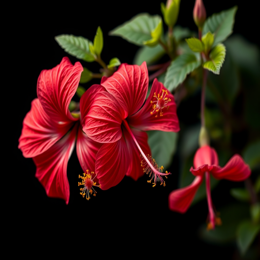 Create a vibrant digital illustration of red hibiscus flowers against a black background, using a Canon EOS R5 camera with a 50mm lens, aperture set to f/1.8, ISO 100, and a shallow depth of field for enhanced detail and richness in colors.