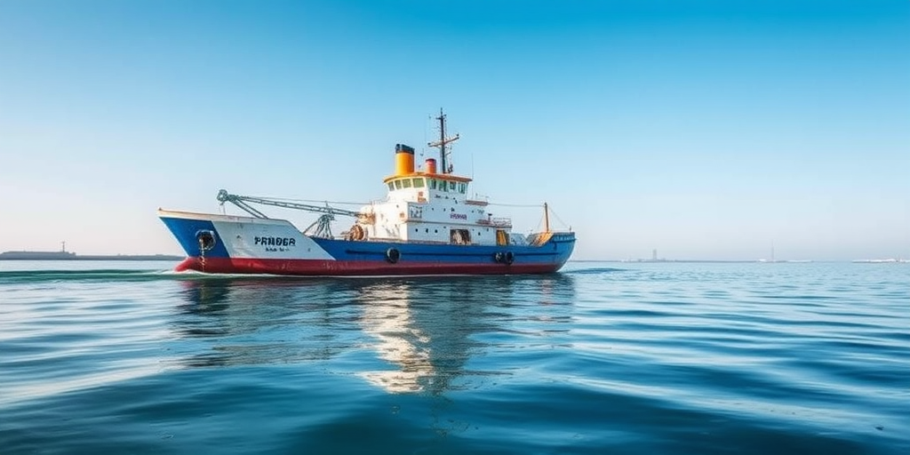 Dredger vessel navigating calm waters, shot with a DSLR camera, 50mm lens, aperture f/8, ISO 100, shutter speed 1/500s, in bright daylight, capturing the details of the ship and vibrant water reflections with a wide-angle view for enhanced depth.