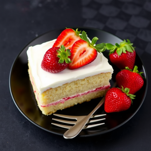 A slice of strawberry cake on a black plate topped with whipped cream and fresh strawberries next to it, with a silver fork on the side, showcasing a dark textured background.