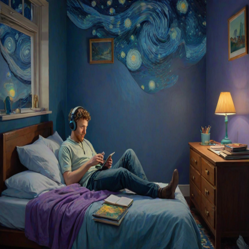 A top-down Van Gogh-style painting of a young man lying on his bed, listening to music with headphones. The room is softly lit with deep blues and purples, creating a peaceful nighttime atmosphere. The bed has a soft pillow, and the man's arms are resting behind his head. Around the bed, various glowing gadgets such as a smartphone, a laptop, and a small lamp are visible, casting a gentle light. The rest of the bedroom includes a desk with books, a chair, and a small rug on the floor. A window near the bed reveals a starry night sky with swirling stars, reminiscent of Van Gogh's 'Starry Night.' On the desk, there is a sketchbook with colorful drawings, a cup of coffee steaming gently, and a small potted plant. The walls have posters of famous paintings and a corkboard with pinned notes and photos. The scene is full of dynamic, swirling brushstrokes, capturing the essence of Van Gogh's unique style. The overall mood is serene and contemplative, with a touch of artistic inspiration.