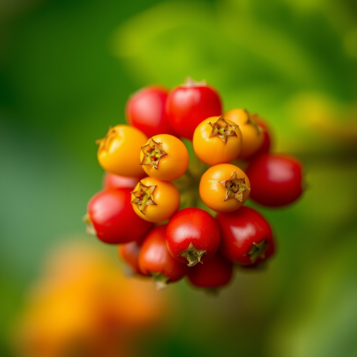 macro shot of a cluster of vibrant red and yellow berries on a blurred green background, apertures f/2.8, shutter speed 1/200 sec, ISO 100, 50mm macro lens, soft natural lighting, shallow depth of field