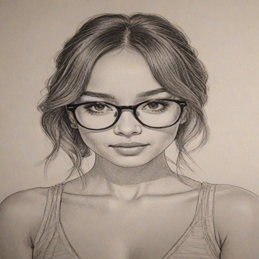 Delightful Ashley Madekwe, pencil sketch, portrait of Ravishing woman 1971s in glasses, hair style beatnik, outline, clear lines, fine lines, 8k