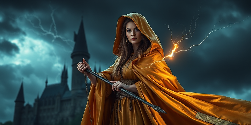 Generate a high-resolution fantasy image of a sorceress in a golden cloak, holding a staff with lightning, set against a dark, moody castle backdrop under a stormy sky, captured with a DSLR camera, 50mm lens, aperture f/2.8, ISO 100, with dramatic lighting and enhanced contrasts.
