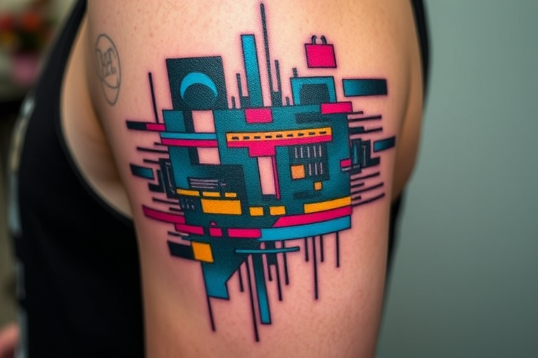 Glitch art tattoo named "Digital Dissonance" incorporating pixelated elements and distorted imagery to create the illusion of a digital malfunction on the skin, using bold colors and sharp contrasts