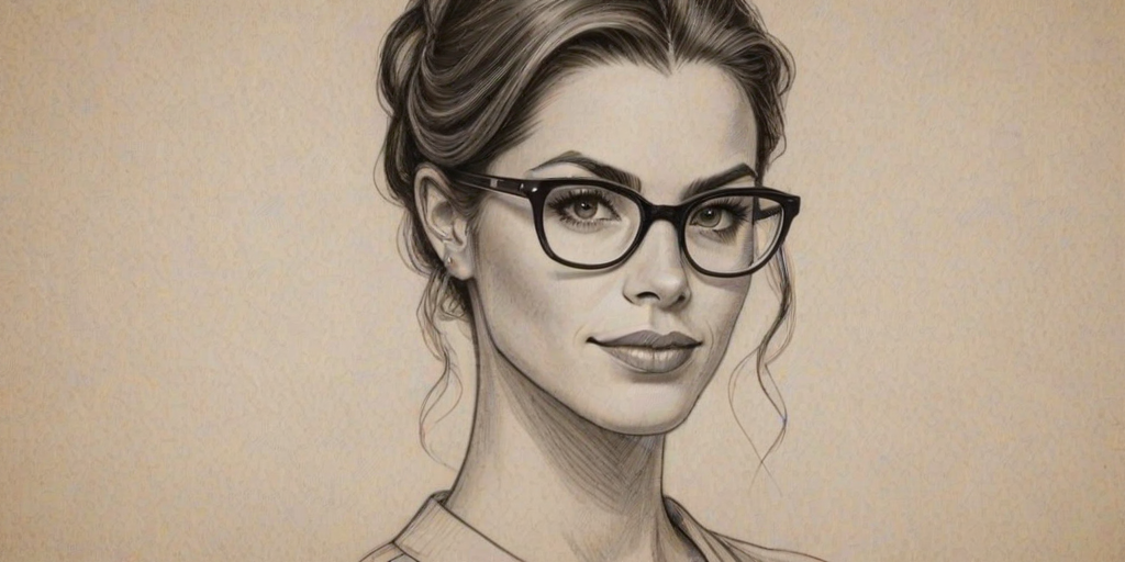 Delightful Meghan Ory, pencil sketch, portrait of Exquisite woman 1944s in glasses, hair style beatnik, outline, clear lines, fine lines, 8k