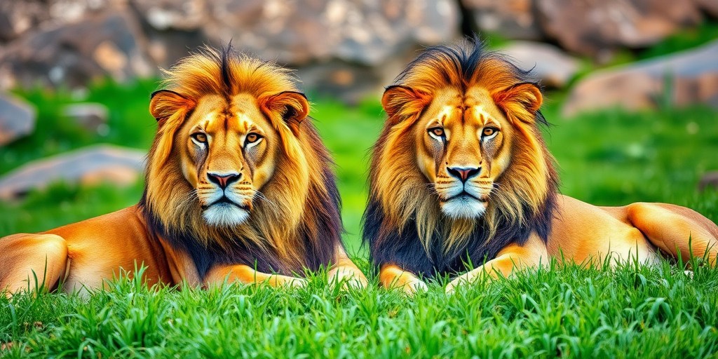 Two lions resting side by side in a natural habitat, vibrant green grass and rocks in the background, shot with a DSLR camera, 50mm lens, aperture f/2.8, ISO 200, shallow depth of field, natural lighting for enhanced detail and clarity.