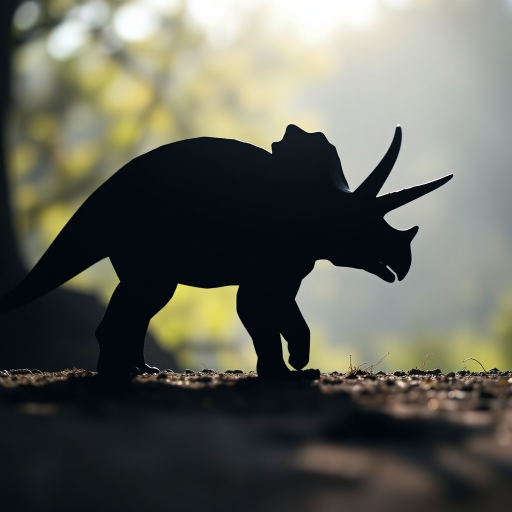 Create a highly detailed silhouette of a dinosaur, focusing on a triceratops, using a DSLR camera with a 50mm lens, f/2.8 aperture, ISO 100, shot in natural light from a low angle to enhance depth and detail.