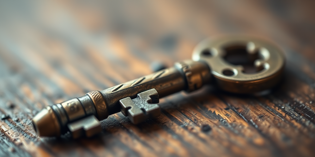 Create a high-resolution image of a vintage key, using a DSLR camera with an aperture of f/2.8, ISO 100, shutter speed of 1/60 sec, in a macro view, with a soft focus background to enhance details.