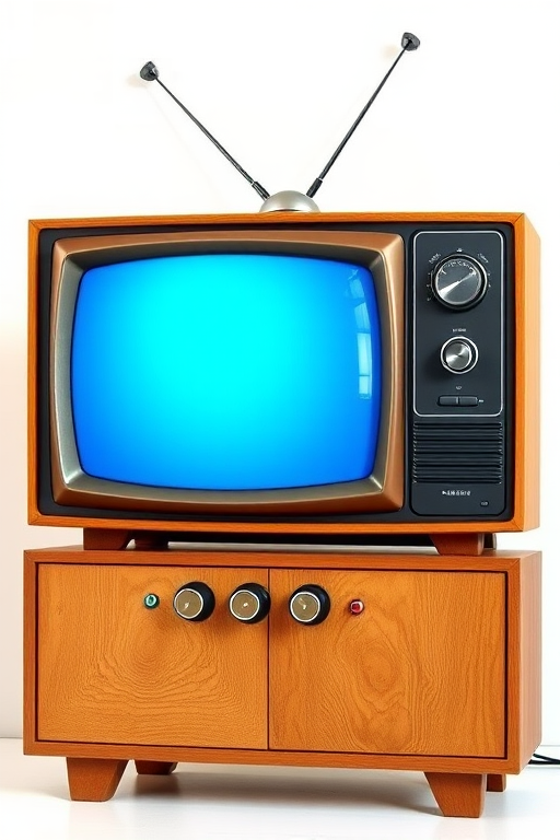 Create a high-resolution vector illustration of a vintage television set with a wooden finish, featuring a large blue screen, four circular buttons on the front, and a pair of antennas on top, soft lighting for a warm effect, camera settings at ISO 100, f/8 aperture, and 50mm lens, captured in a clean studio environment.