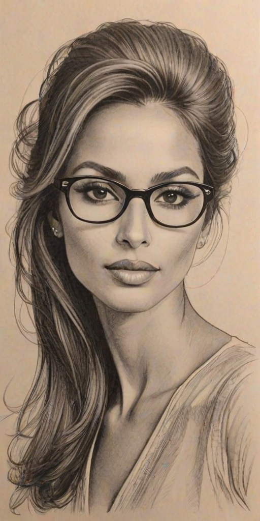 Dazzling Iman Vellani, pencil sketch, portrait of Fascinating woman 1970s in glasses, hair style beatnik, outline, clear lines, fine lines, 8k