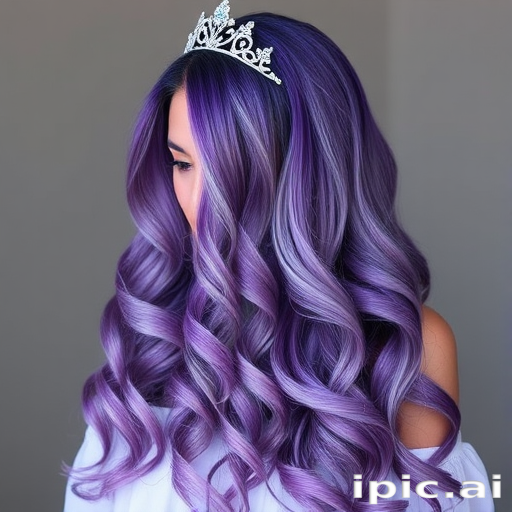 Regal Amethyst Cascade characterized by long, flowing purple locks with subtle silver highlights, styled in loose spiral curls and adorned with a delicate tiara