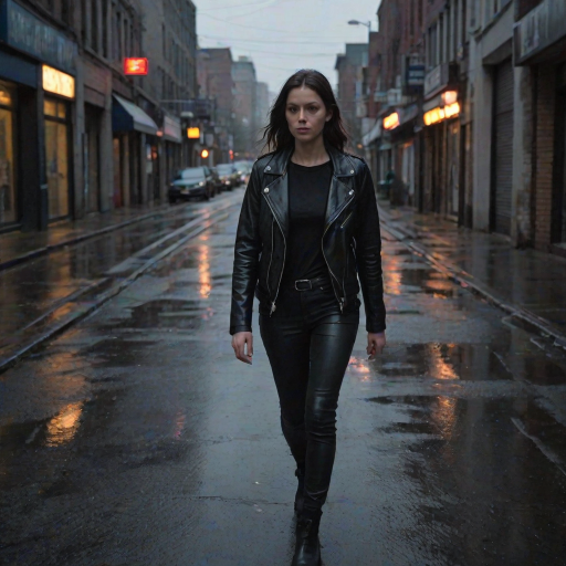 Quiet city street at dawn, with the first light of day reflecting off the wet pavement, a woman in a leather jacket walks slowly through the deserted streets, her hands tucked in her pockets.