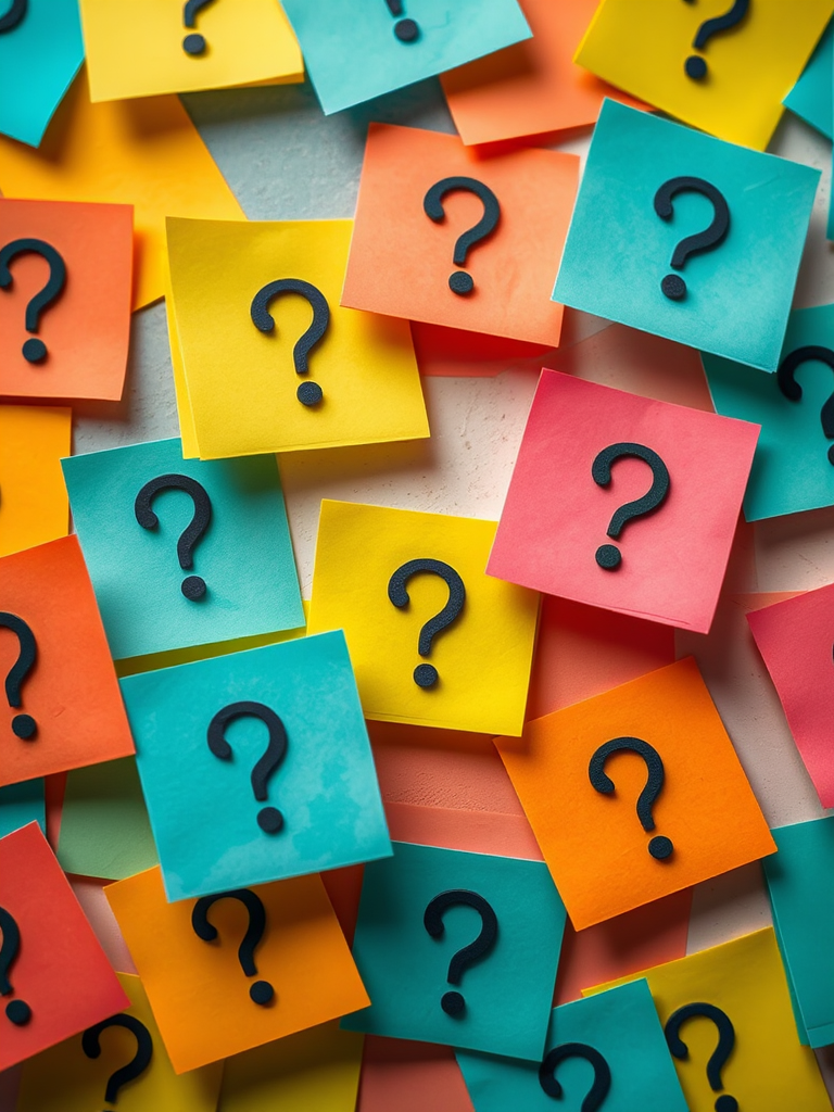 Create an abstract composition of colorful sticky notes in various sizes featuring question marks, emphasize depth with a slight shadow effect, use a 50mm lens at f/2.8 for a shallow depth of field, shot from a bird's-eye view with a soft focus background, using a DSLR camera with high-resolution settings.