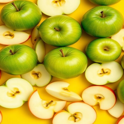 create a seamless pattern of green apples and apple slices on a bright yellow background, camera type: digital, camera style: macro, camera settings: aperture f/4, ISO 100, shutter speed 1/200s, focus on sharpness and vibrant colors